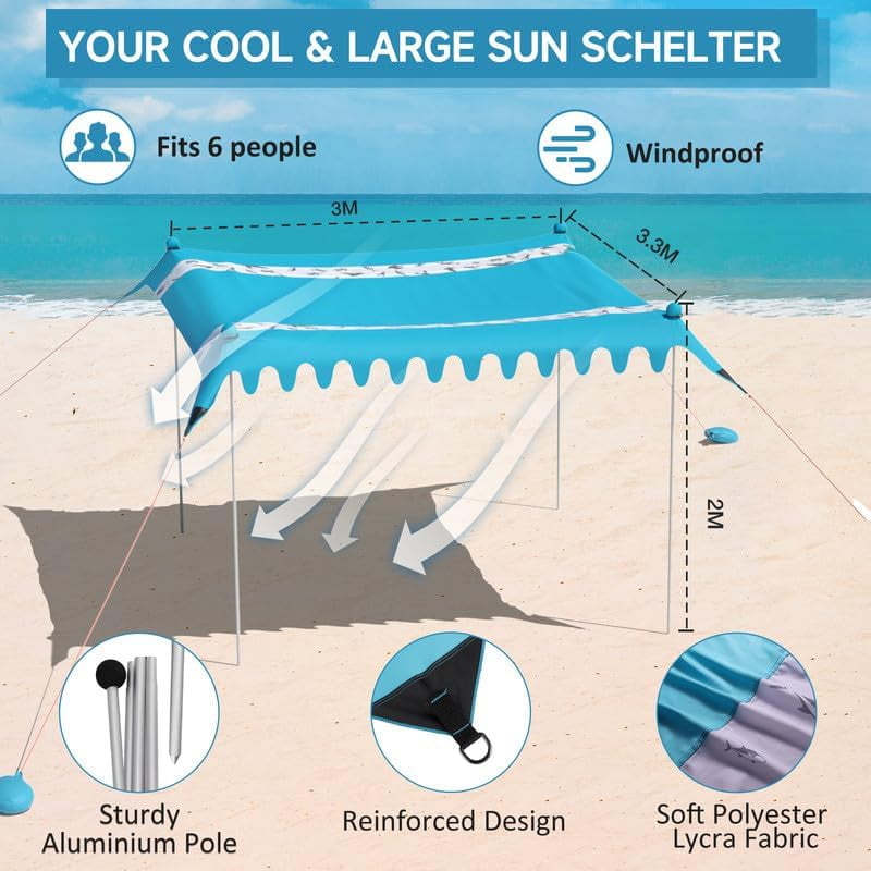 Beach Tent Sun Shelter with UPF50+ Protection, 11¡Á10FT Portable Sun Shade with 4 Stability Poles, 8 Ground Pegs, 4 Sandbags and Sand Shovel, Outdoor Beach Canopy for Camping Trips, Picnics