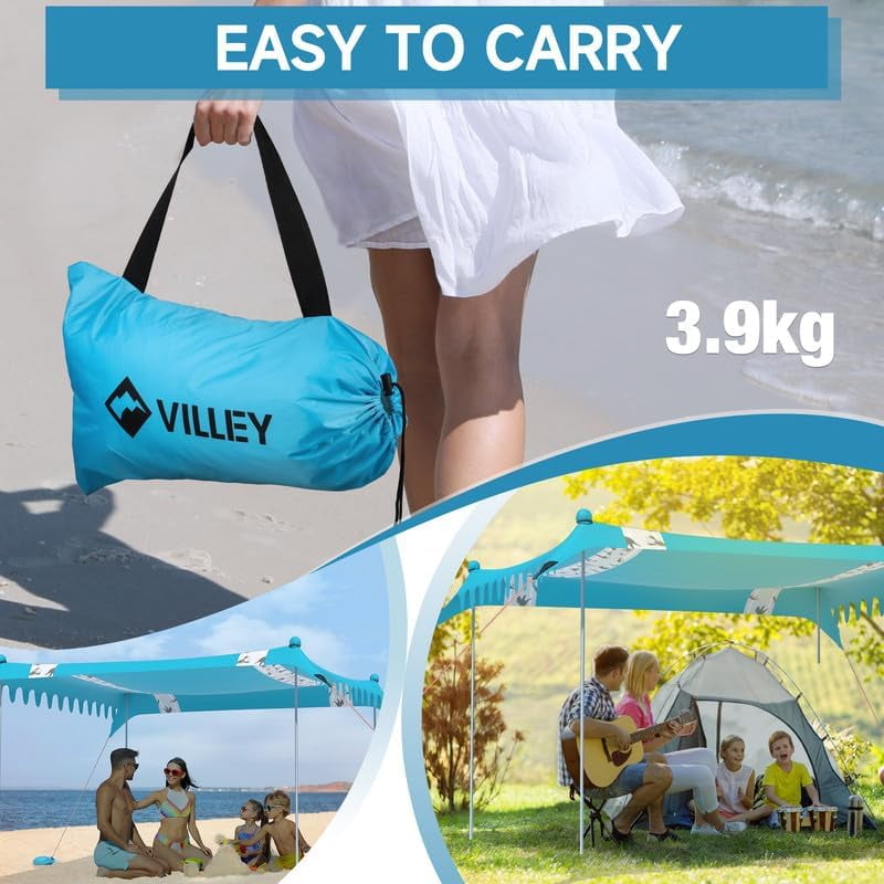 Beach Tent Sun Shelter with UPF50+ Protection, 11¡Á10FT Portable Sun Shade with 4 Stability Poles, 8 Ground Pegs, 4 Sandbags and Sand Shovel, Outdoor Beach Canopy for Camping Trips, Picnics