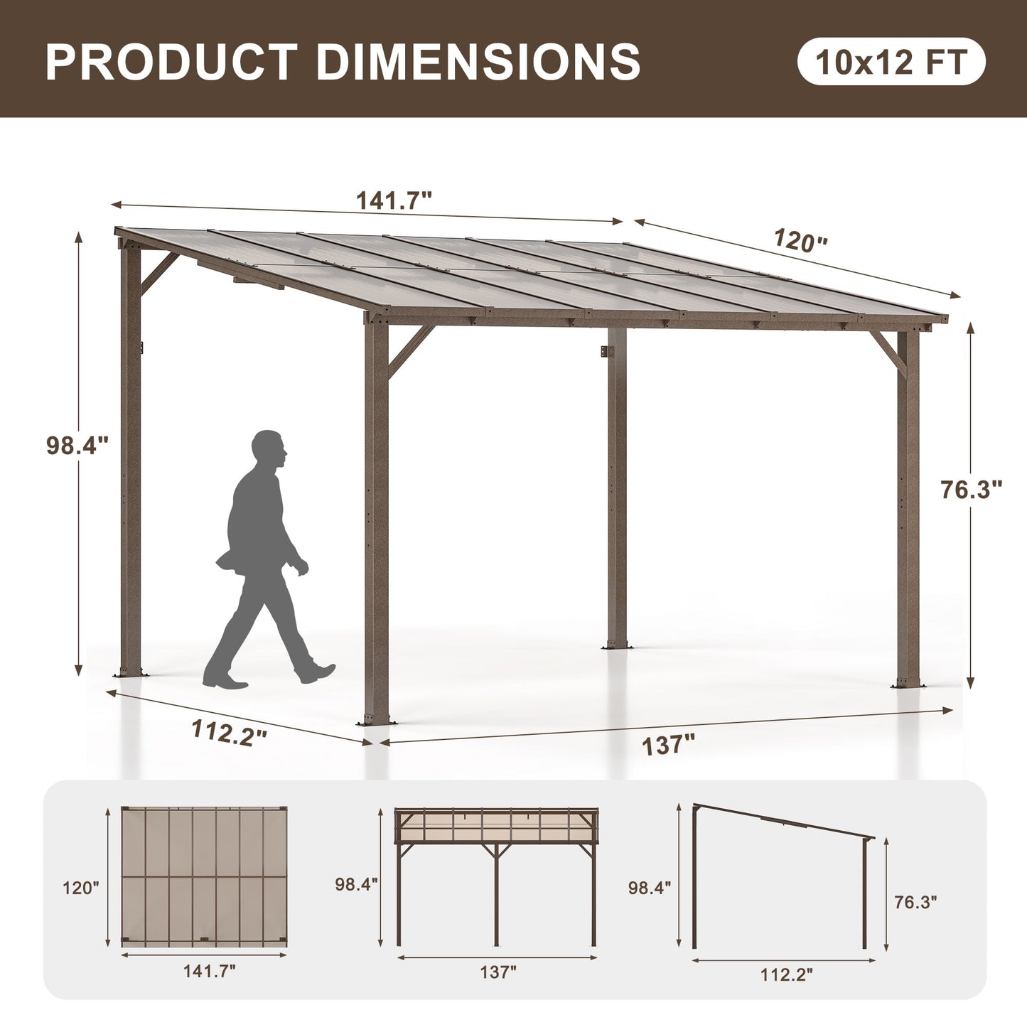 AirWire 10' x 12' Gazebo, Outdoor Wall Mounted Gazebo & Pergola with Aluminum Frame, Lean to Gazebo Awnings for Patio, Decks, Porch and Backyard