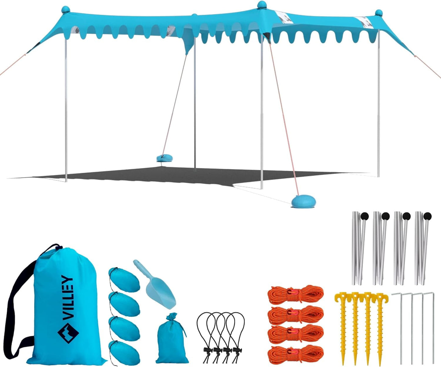 Beach Tent Sun Shelter with UPF50+ Protection, 11¡Á10FT Portable Sun Shade with 4 Stability Poles, 8 Ground Pegs, 4 Sandbags and Sand Shovel, Outdoor Beach Canopy for Camping Trips, Picnics
