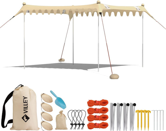 Beach Tent Sun Shelter with UPF50+ Protection, 11¡Á10FT Portable Sun Shade with 4 Stability Poles, 8 Ground Pegs, 4 Sandbags and Sand Shovel, Outdoor Beach Canopy for Camping Trips, Picnics
