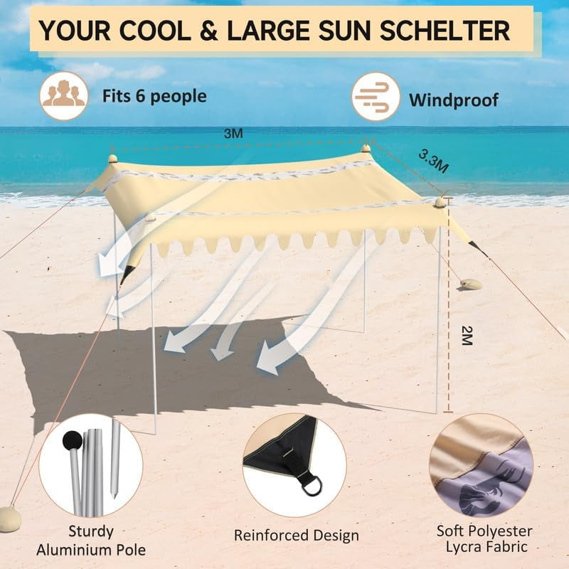 Beach Tent Sun Shelter with UPF50+ Protection, 11¡Á10FT Portable Sun Shade with 4 Stability Poles, 8 Ground Pegs, 4 Sandbags and Sand Shovel, Outdoor Beach Canopy for Camping Trips, Picnics