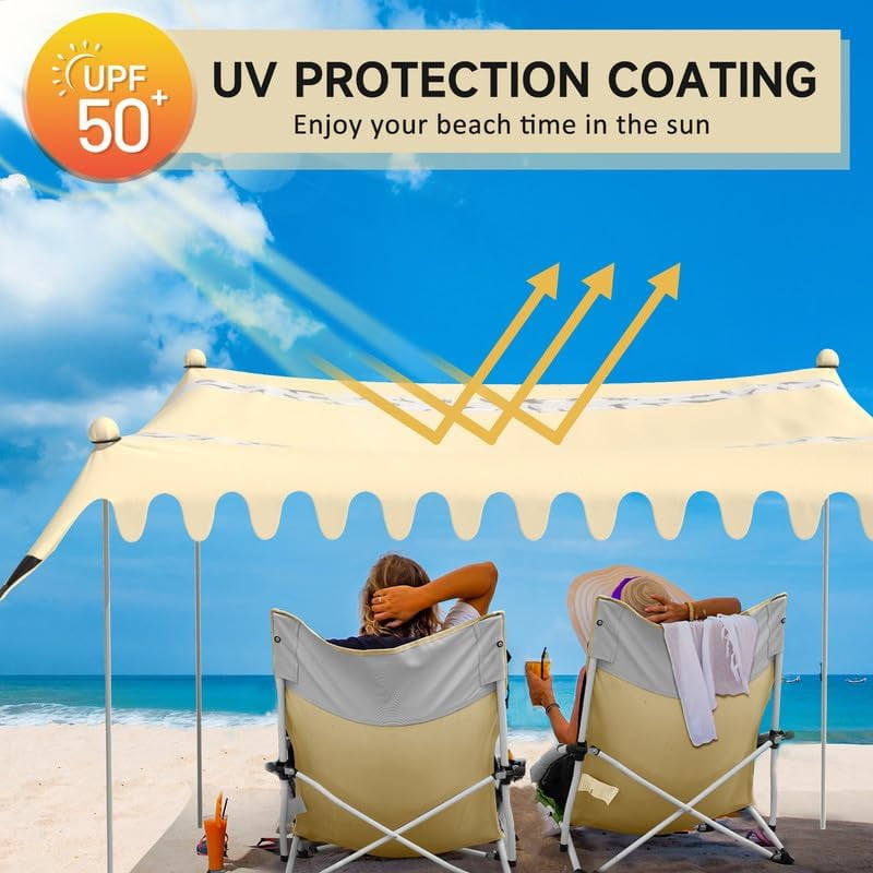Beach Tent Sun Shelter with UPF50+ Protection, 11¡Á10FT Portable Sun Shade with 4 Stability Poles, 8 Ground Pegs, 4 Sandbags and Sand Shovel, Outdoor Beach Canopy for Camping Trips, Picnics